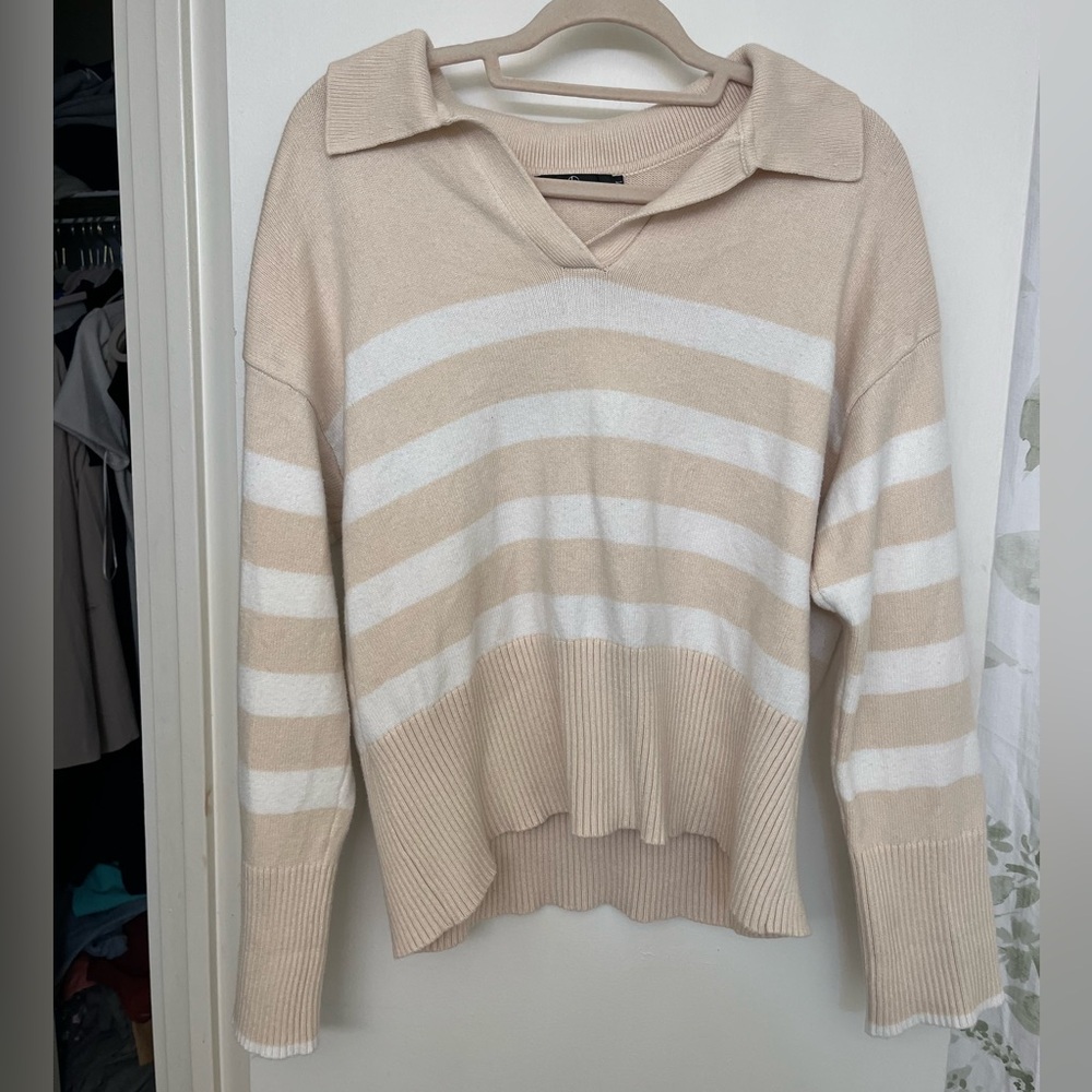 Beige and White Striped V-Neck Sweater